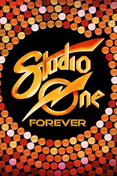 Gold 'Studio 54 Forever' logo on a black background, framed by an orange disco-light border of circular dots.